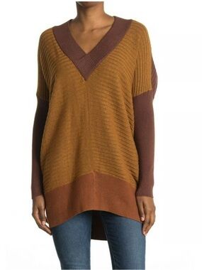 StitchDrop Brown/Yellow Ribbed Oversized Long Sleeve Tunic Sweater/Dress Small